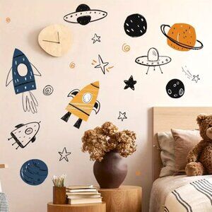Reusable Kid's Wall Decals Stickers Outer Space Planets Rocket Ships Astronauts